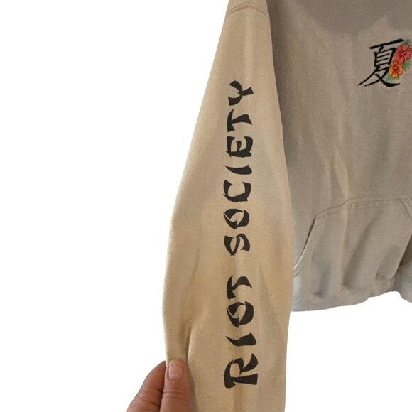 Riot Society Beige Hoodie Medium Kanji Flower Graphic Pullover Unisex - Picture 4 of 7